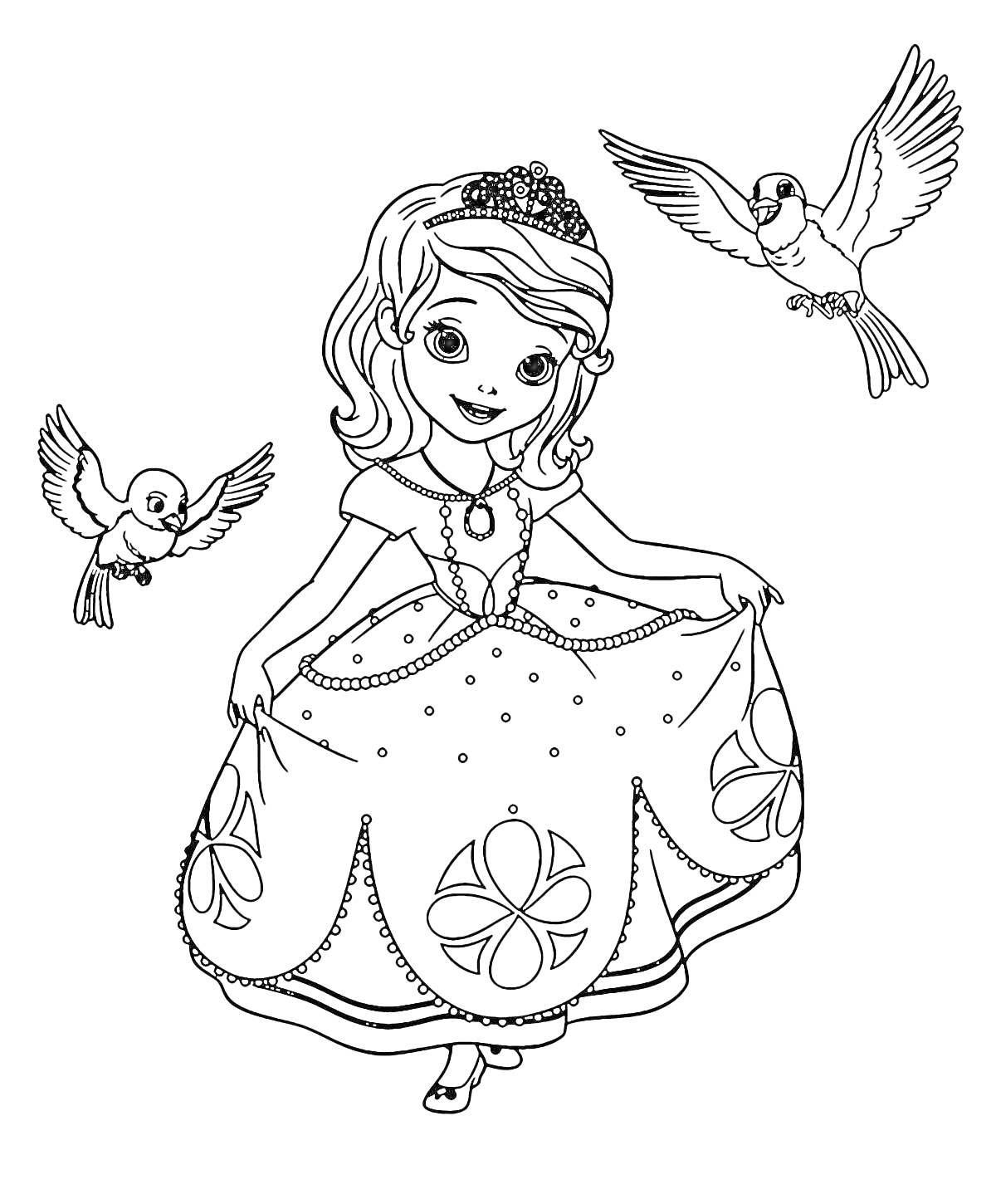 Раскраска Принцесса с двумя птицами