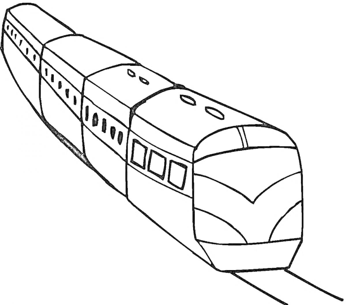 На раскраске изображено: Поезд, Железная дорога, Вагоны, Транспорт