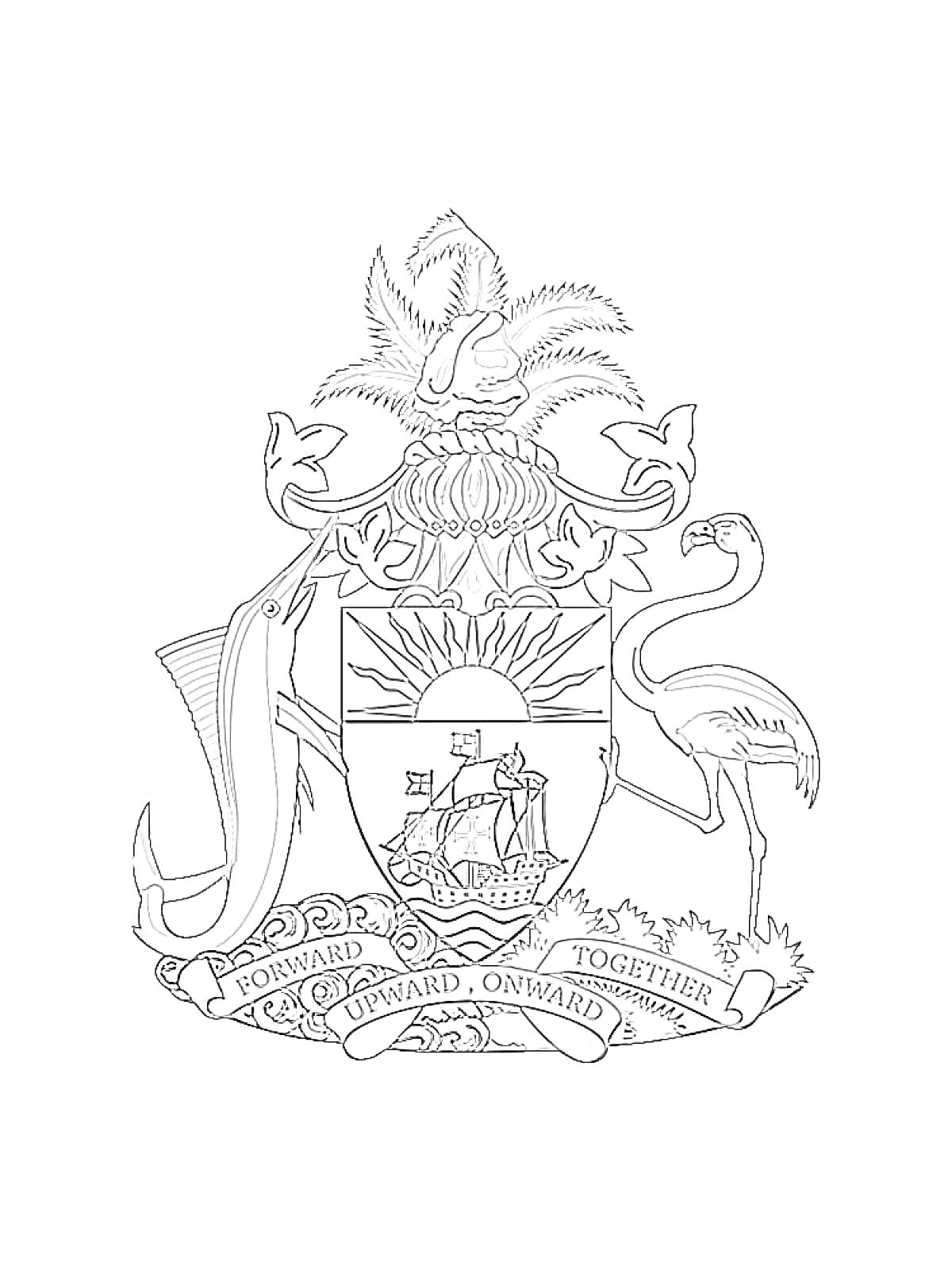 Герб с центральным щитом, изображающим корабль под солнцем, поддерживаемым меч-рыбой и фламинго, на вершине пальма, снизу лента с надписью 