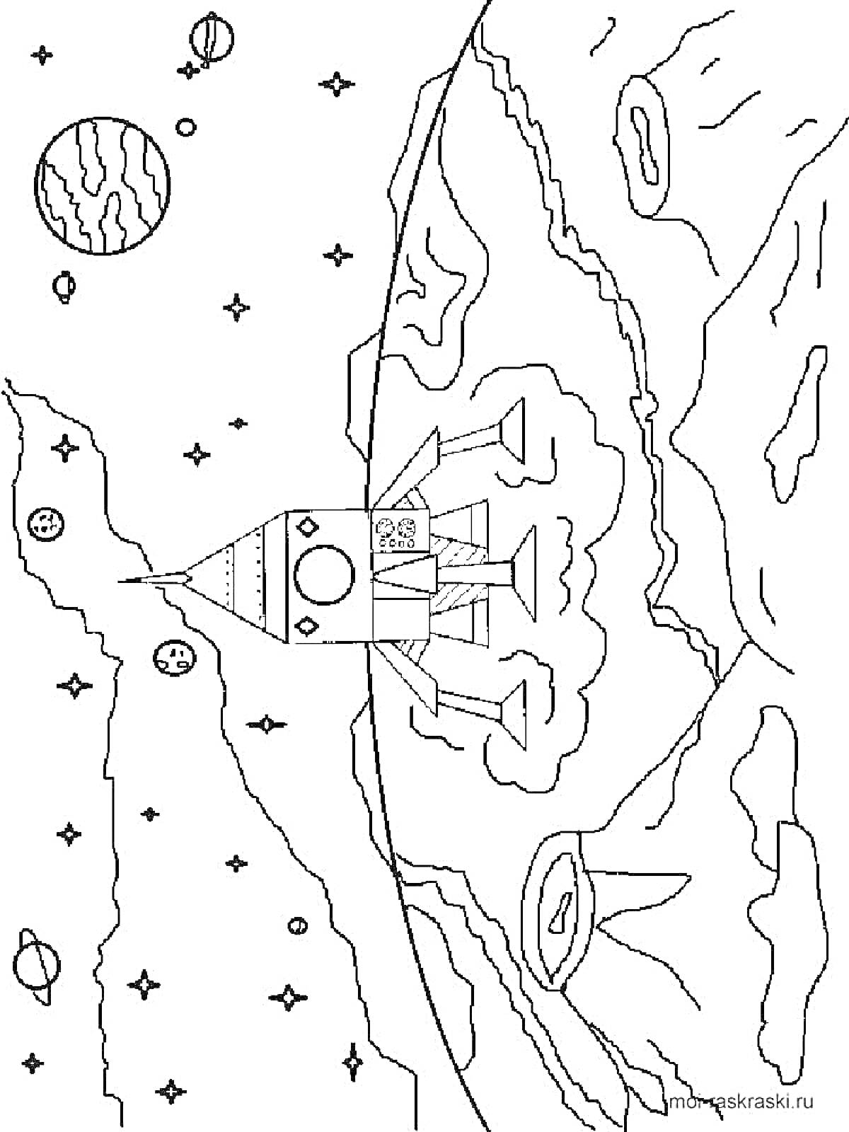 Раскраска Космическая ракета на поверхности планеты с кратерами, планеты и звезды на фоне