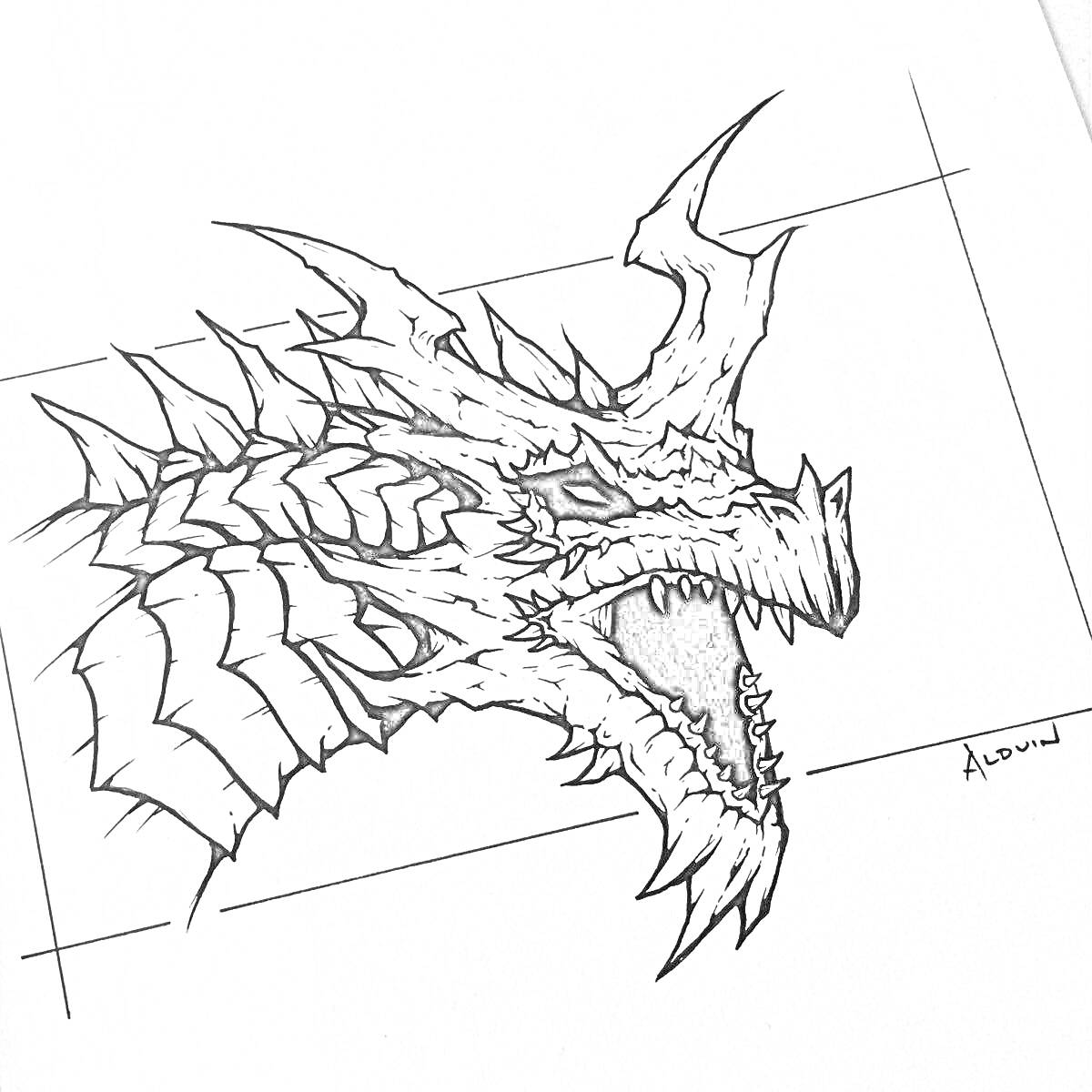 На раскраске изображено: Дракон, Голова дракона, Открытая пасть, Чешуя, Рога, Фэнтези, Игра, Мифические существа