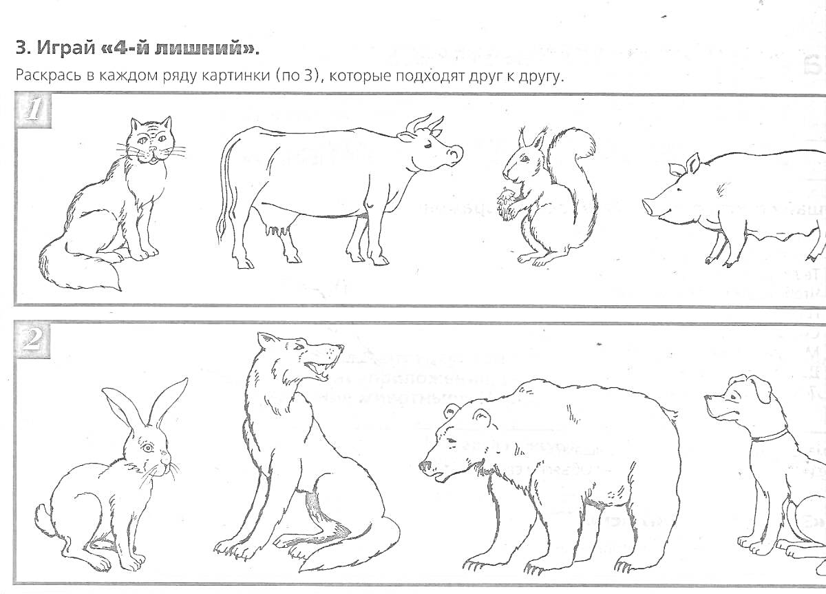 На раскраске изображено: Домашние животные, Дикие животные, Корова, Белка, Заяц, Волк, Медведь, Собака, Развивающее задание