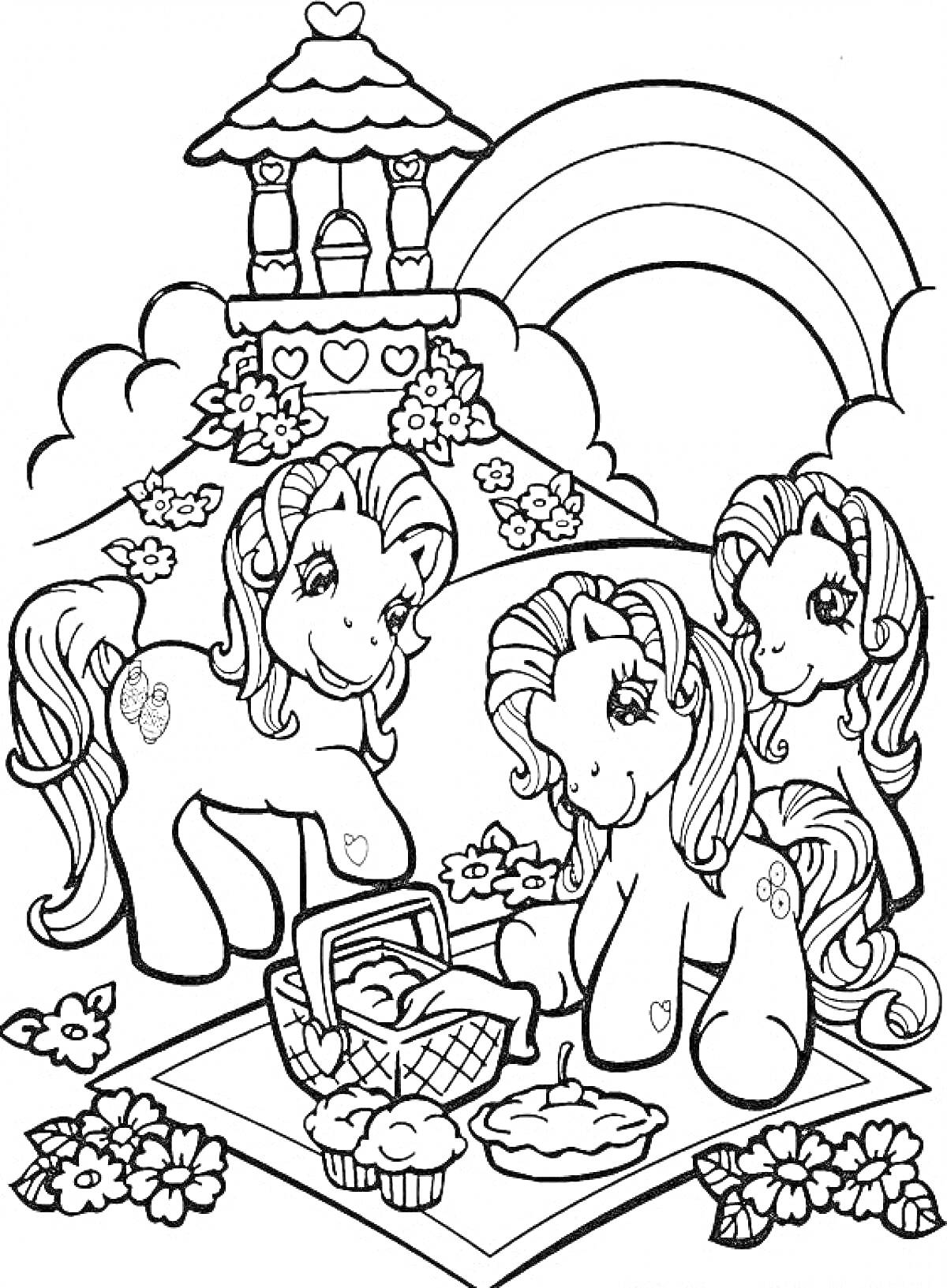 Раскраска Поход в Понивиль - три пони на пикнике с корзинкой для еды, пирогом, кексами, беседка, радуга, цветущие кусты