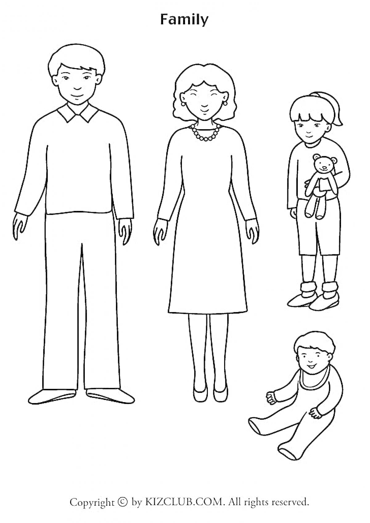 На раскраске изображено: Семья, Родители, Отец, Девочка, Младенец, Медведь