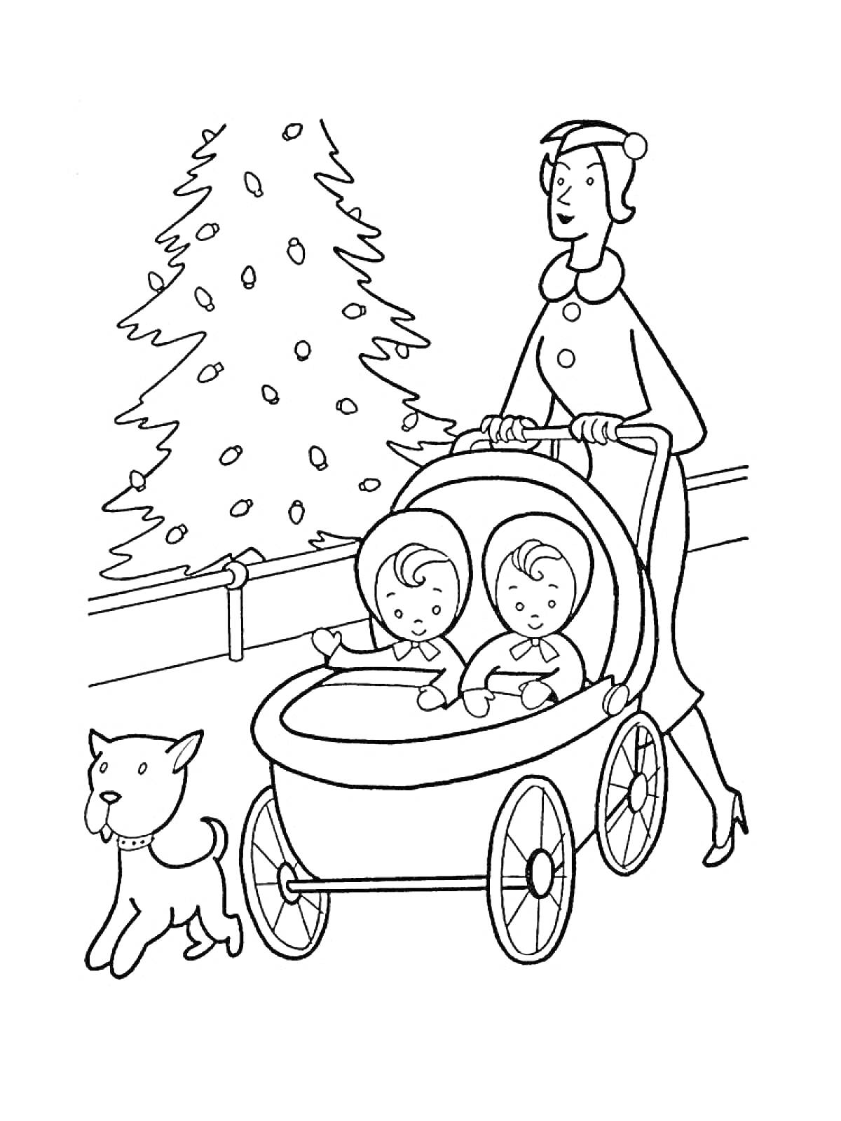 Раскраска Женщина с коляской для двойни, собака и новогодняя елка