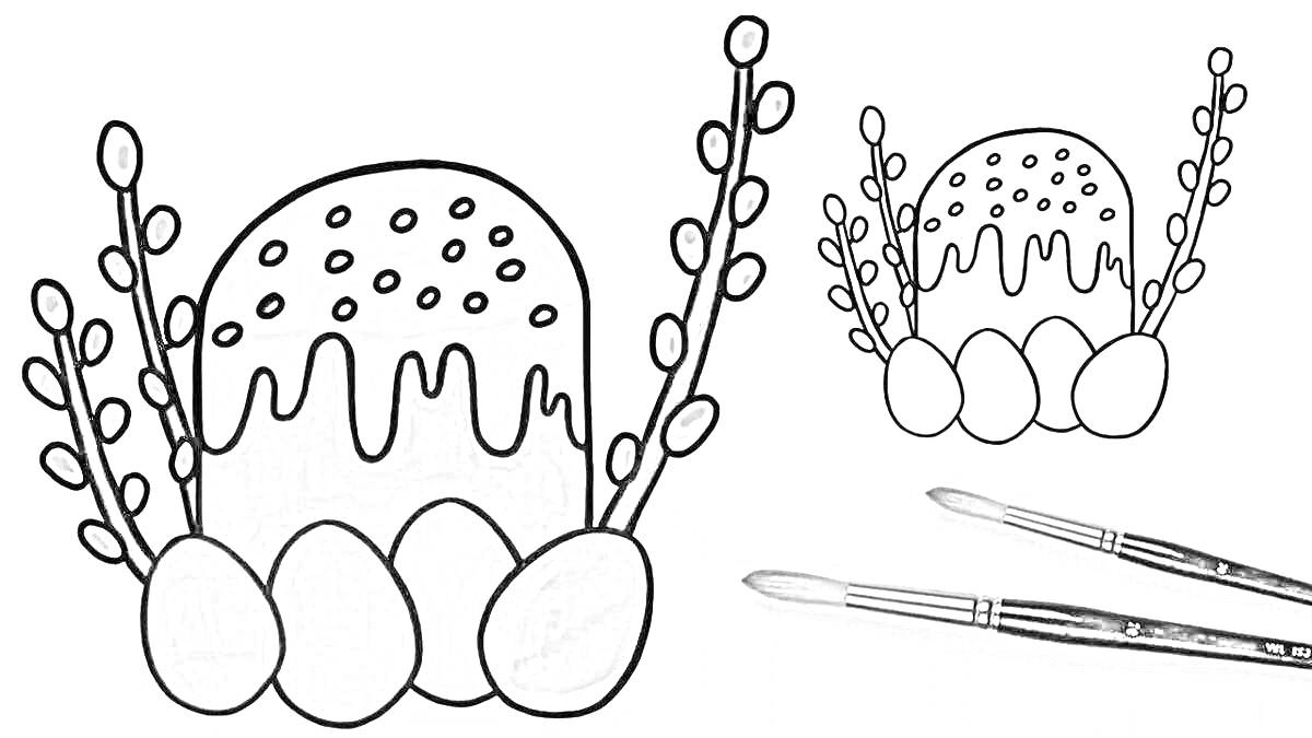 Раскраска Кулич с яйцами и веточками вербы