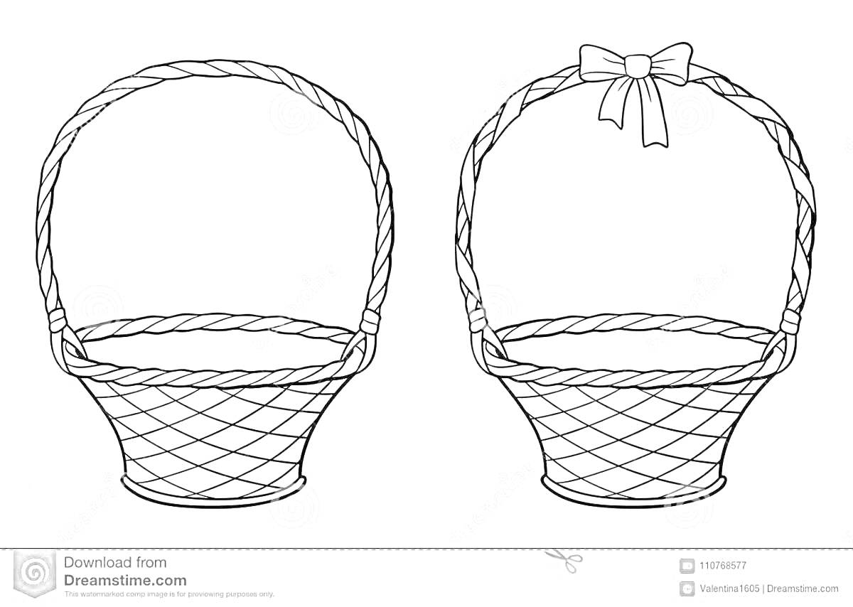 Раскраска две пустые плетеные корзинки, одна с ручкой, другая с ручкой и бантиком
