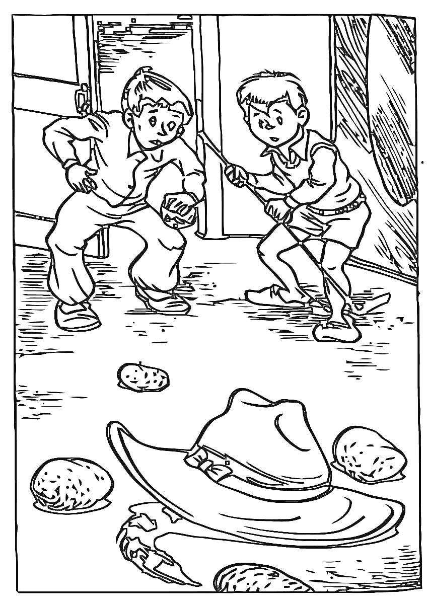 Раскраска Два мальчика с рыболовным сачком наблюдают за шляпой и крабом среди камней в помещении.
