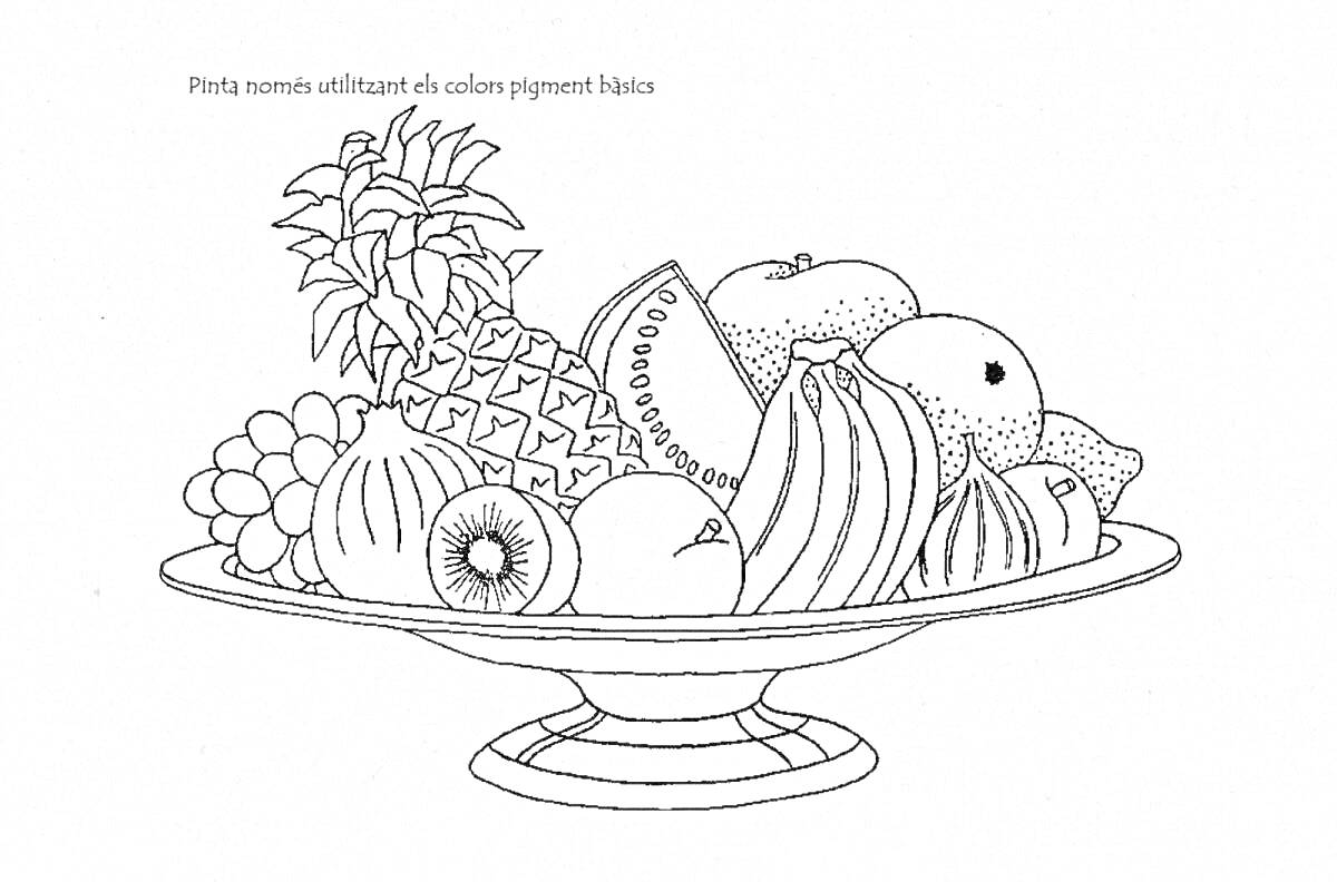 Раскраска Фруктовый салат с ананасом, виноградом, киви, арбузом, яблоком, грушей, апельсином и бананом на блюде