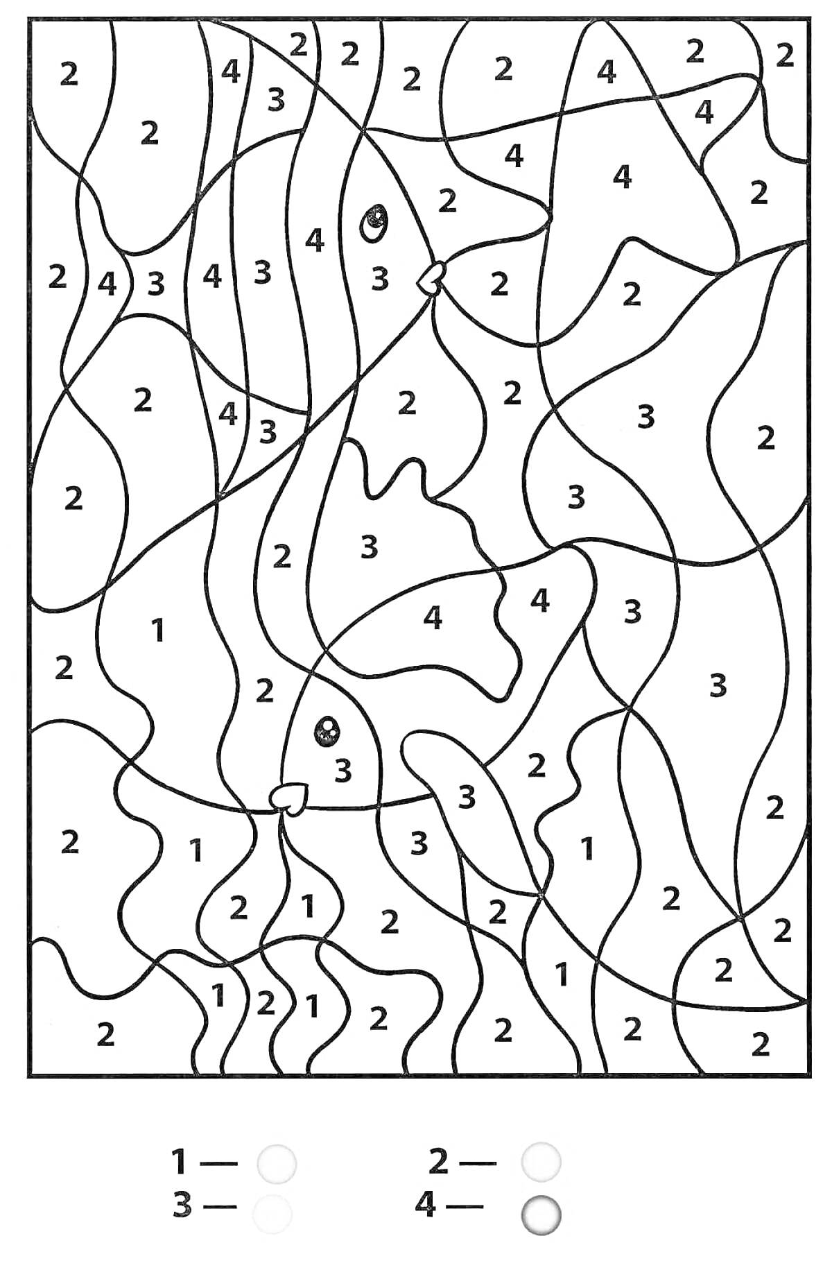 На раскраске изображено: По номерам, Для детей, 4 года, Рыба, Море, Цифры, Обучение