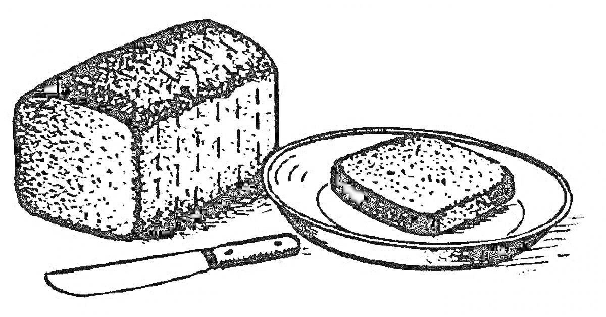 Раскраска Хлеб, нож и тарелка с ломтиком хлеба