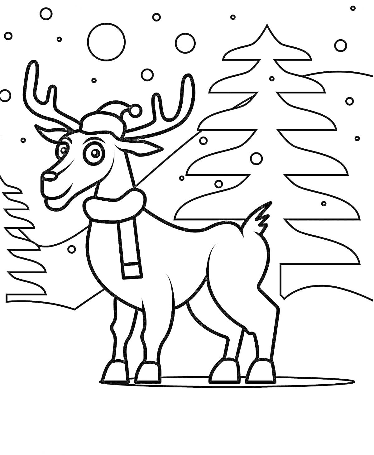 Раскраска Олень в зимнем лесу, в шапке и шарфе, снегопад, ёлки и холм