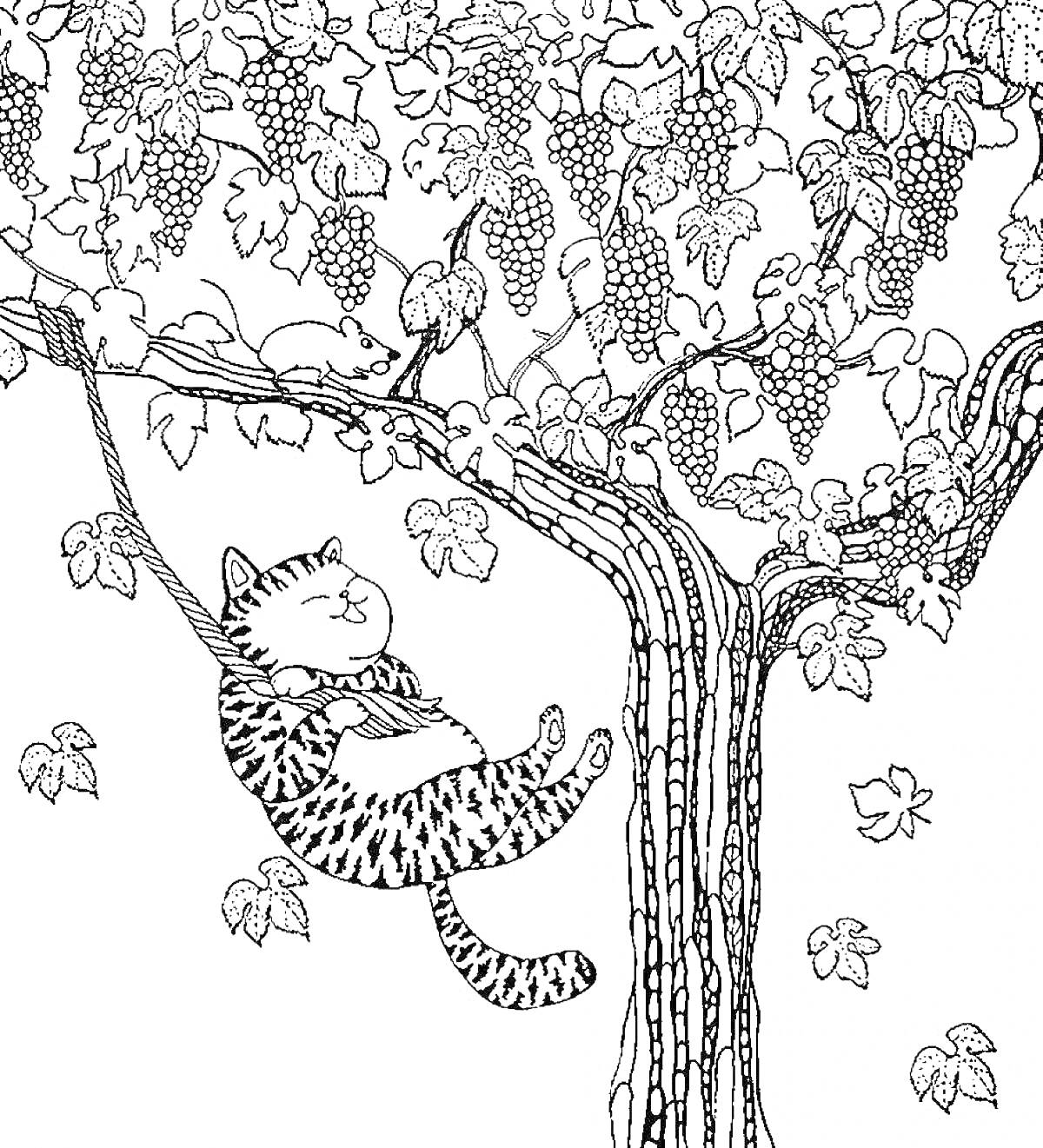 Раскраска Кот, спящий в гамаке на ветке дерева среди листьев и виноградных гроздей
