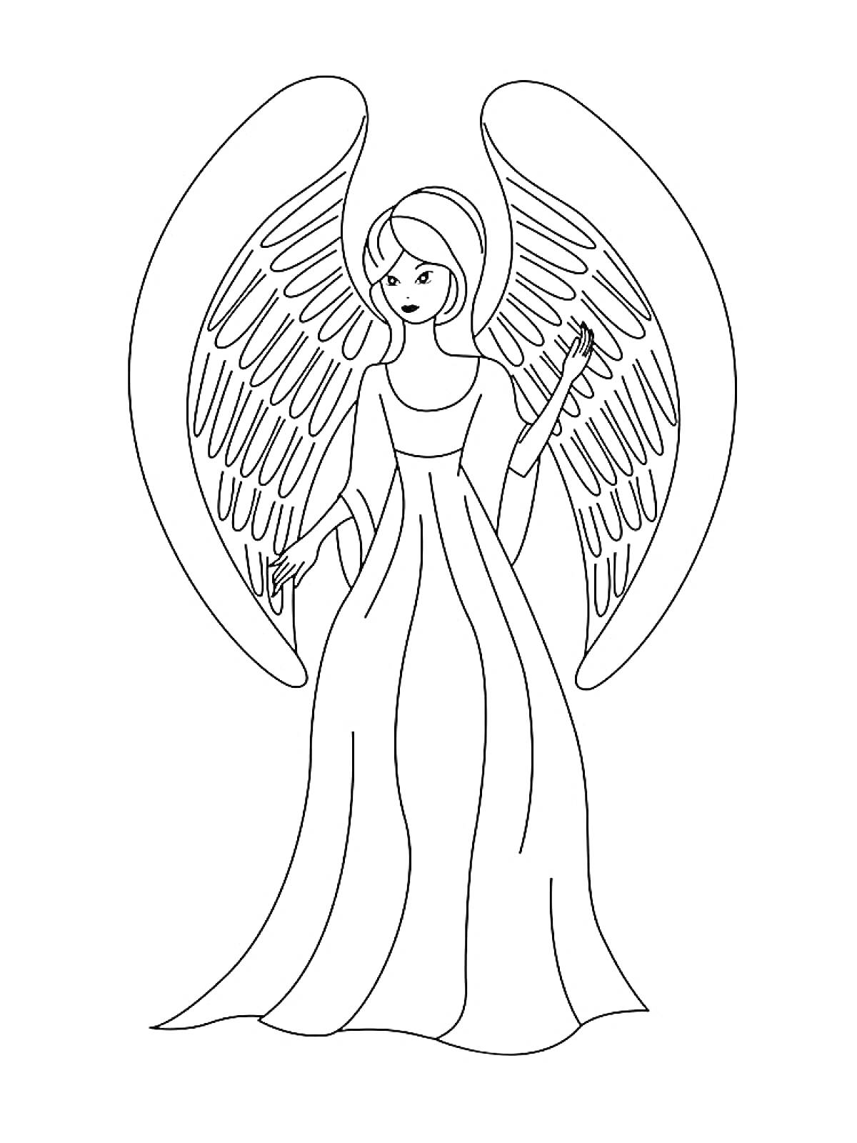 Раскраска Ангел с длинными волосами и большими крыльями в длинном платье