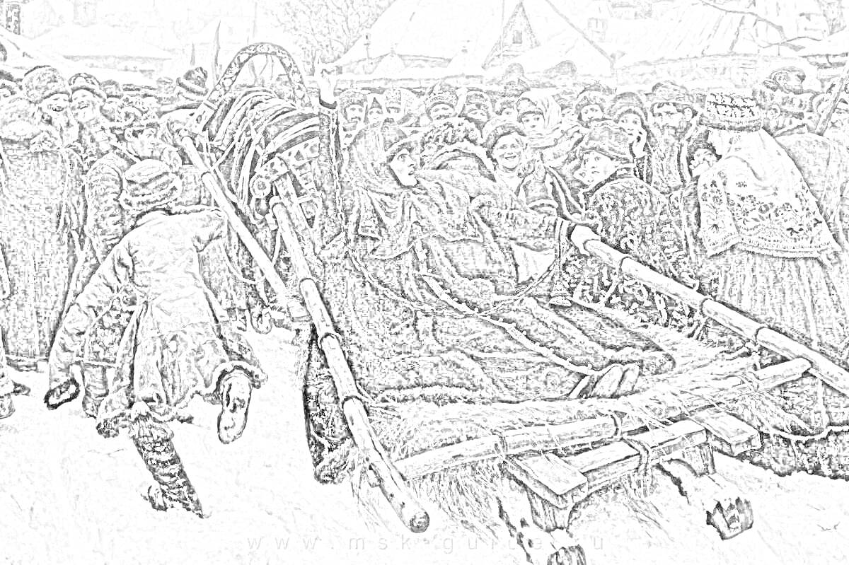 На раскраске изображено: Традиционная одежда, Зима, Снег, Историческое событие, Русская культура