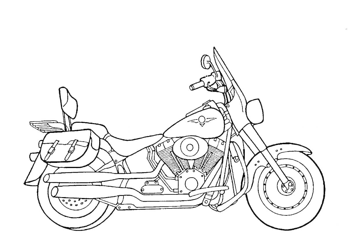 На раскраске изображено: Мотоцикл, Ветровое стекло, Зеркало, Колёса, Мотор, Руль, Выхлопные трубы