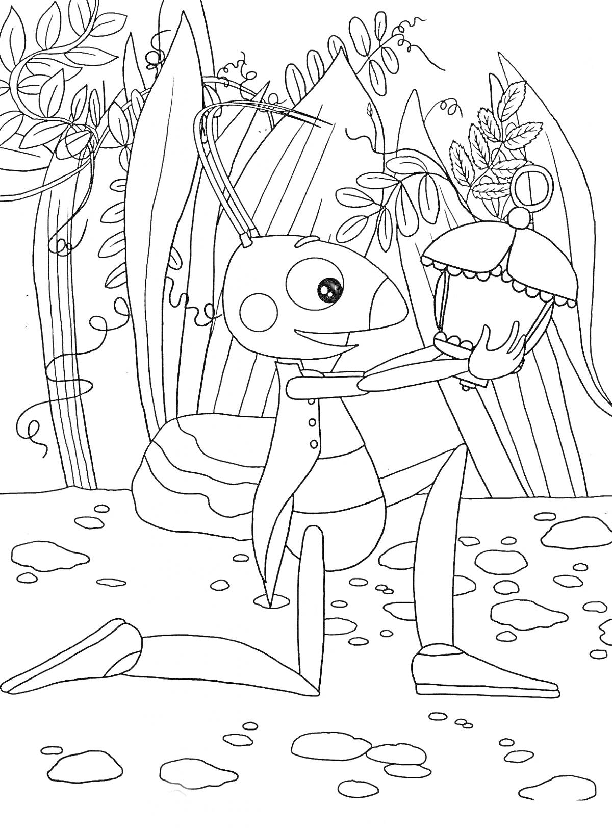 Раскраска Кузя держит украшенный ларец на фоне растений и камней