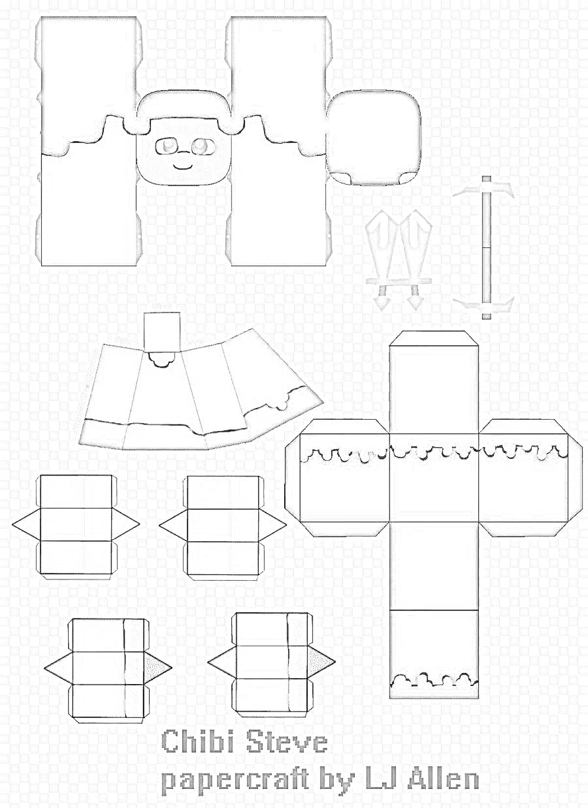 Развёртка фигурки Чибби Стива из Майнкрафта, включающая тело, голову, обувь, руки, меч и топор