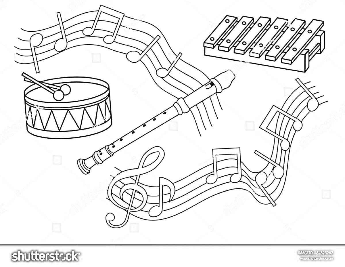 Раскраска Барабан, ксилофон, блокфлейта, музыкальные ноты и нотные знаки