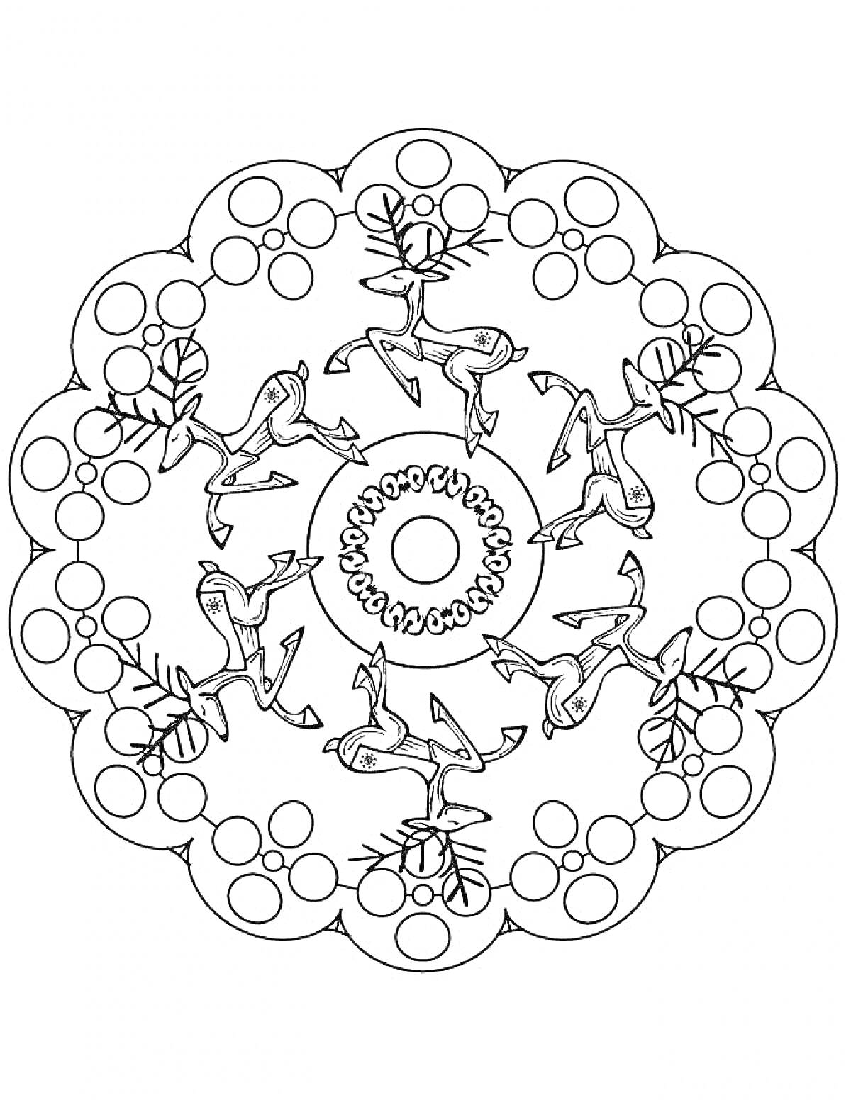 Раскраска Мандала с оленями, кругами и ёлками на Новый год