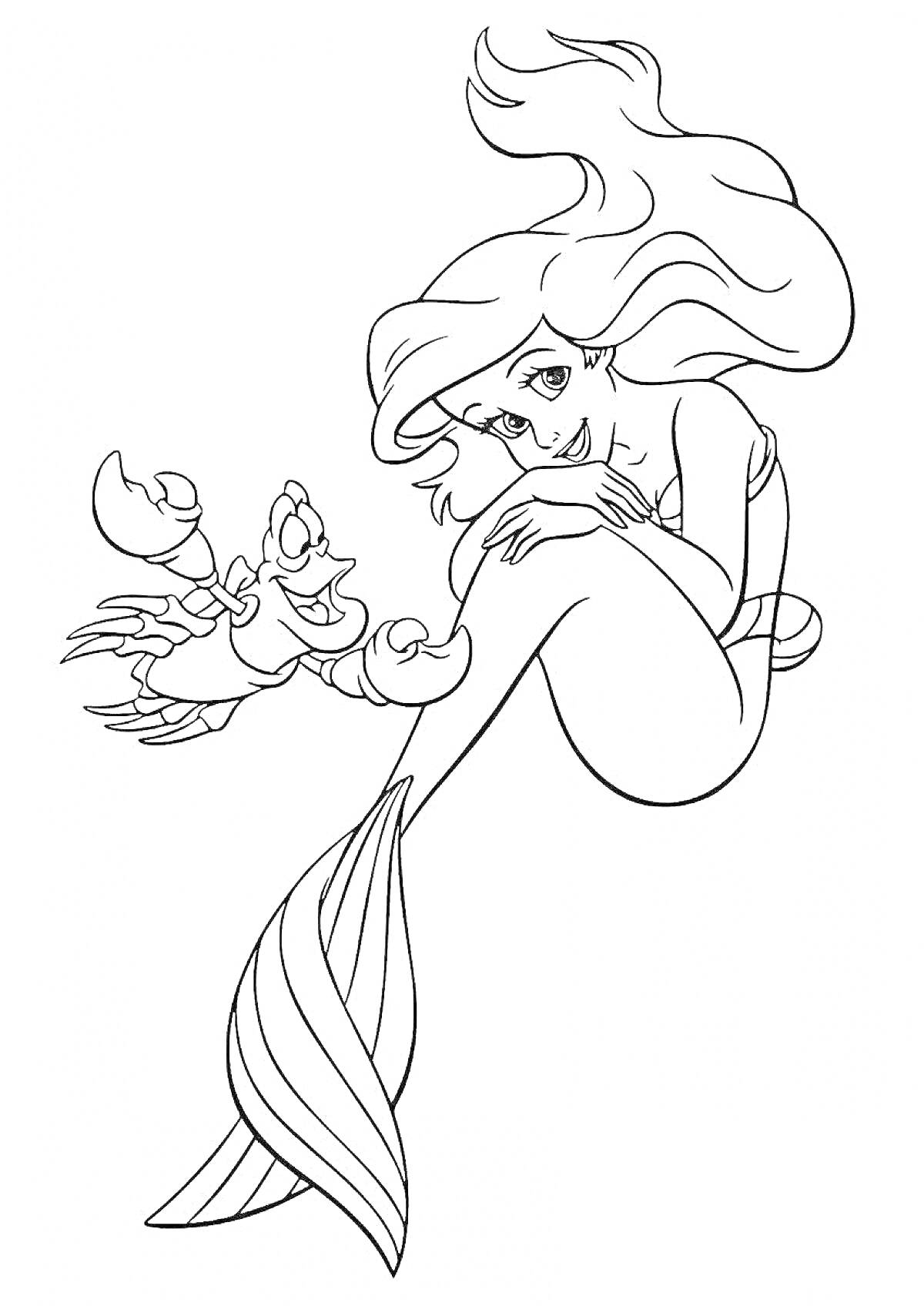 Раскраска Ариэль русалочка с другом омаром