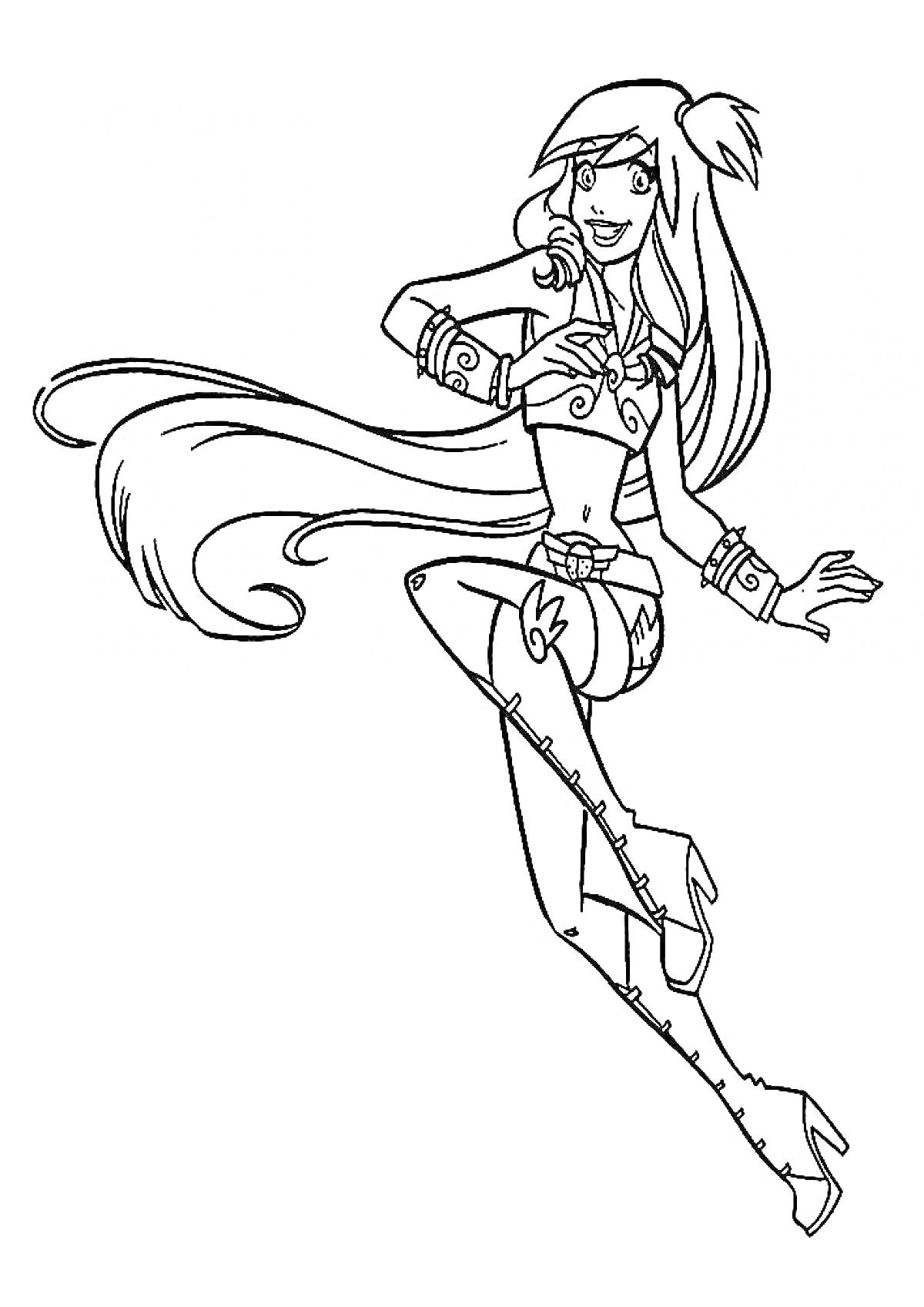 Раскраска Девушка с длинными волосами и мечом, одетая в доспехи
