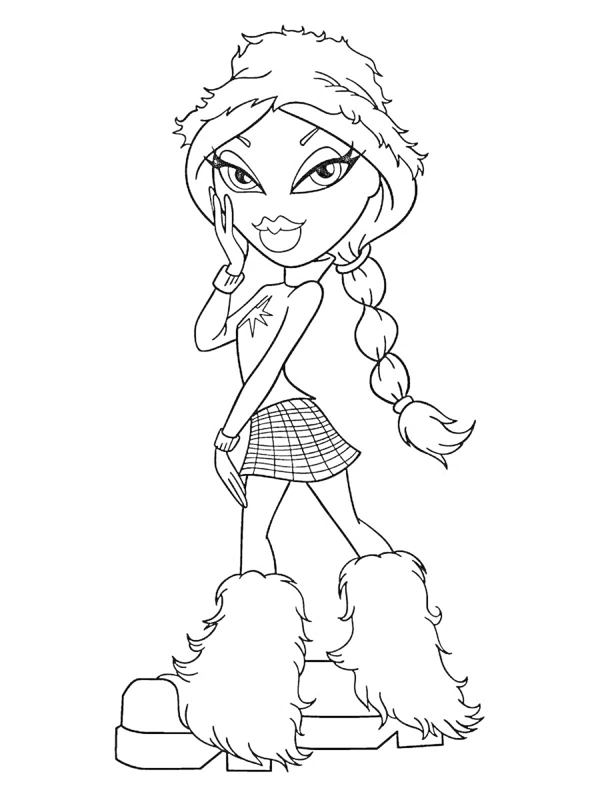 Раскраска Модная девочка в зимней одежде, с косичкой и в сапогах с мехом