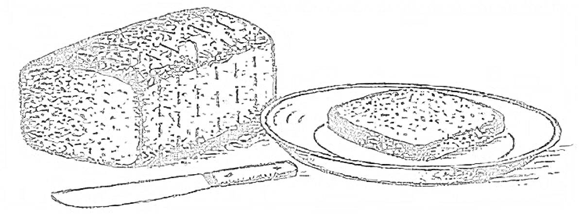 Раскраска Батон хлеба, ломоть на тарелке, нож