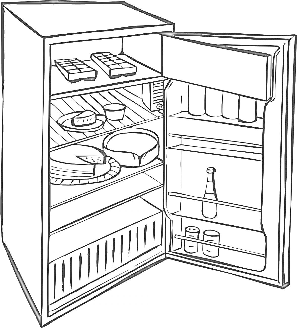 Раскраска Открытый холодильник с едой и напитками (полки с продуктами, дверца с бутылкой и банками)