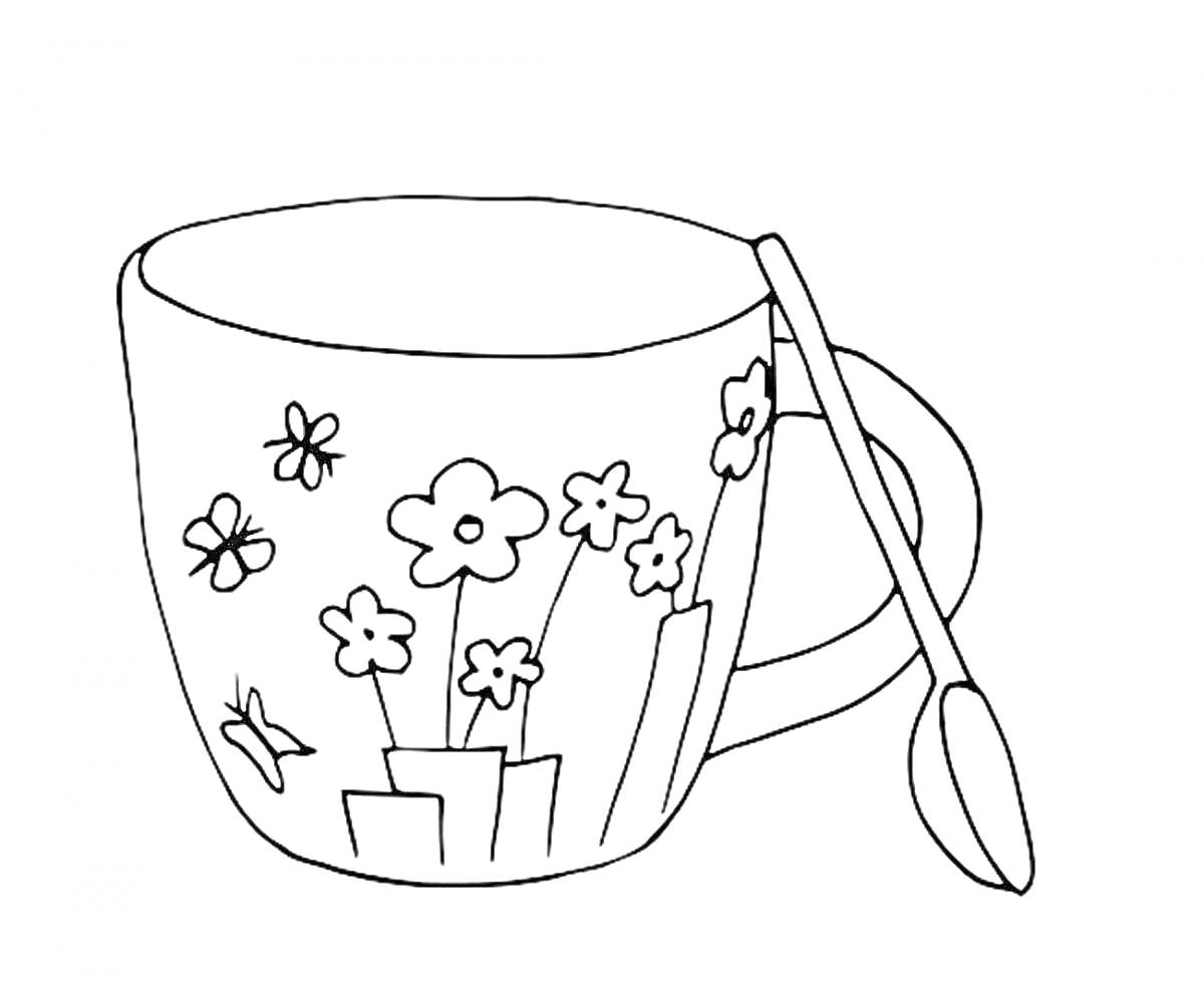 Раскраска Чашка с ложкой и цветочным орнаментом