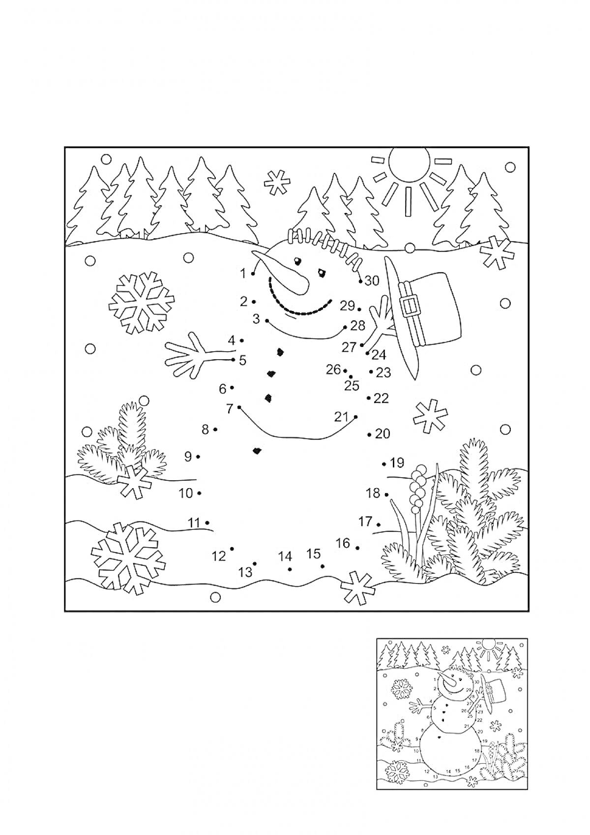 На раскраске изображено: Точки, Соединение, Снежинки, Ёлки, Лес, Солнце, Зима