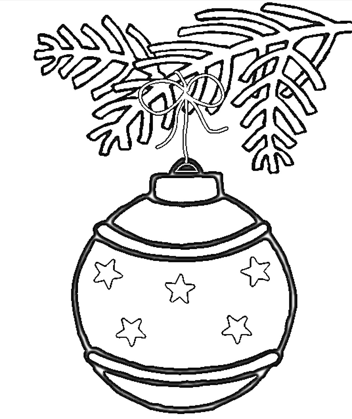 Раскраска Ёлочная игрушка в виде шара со звёздами и веткой
