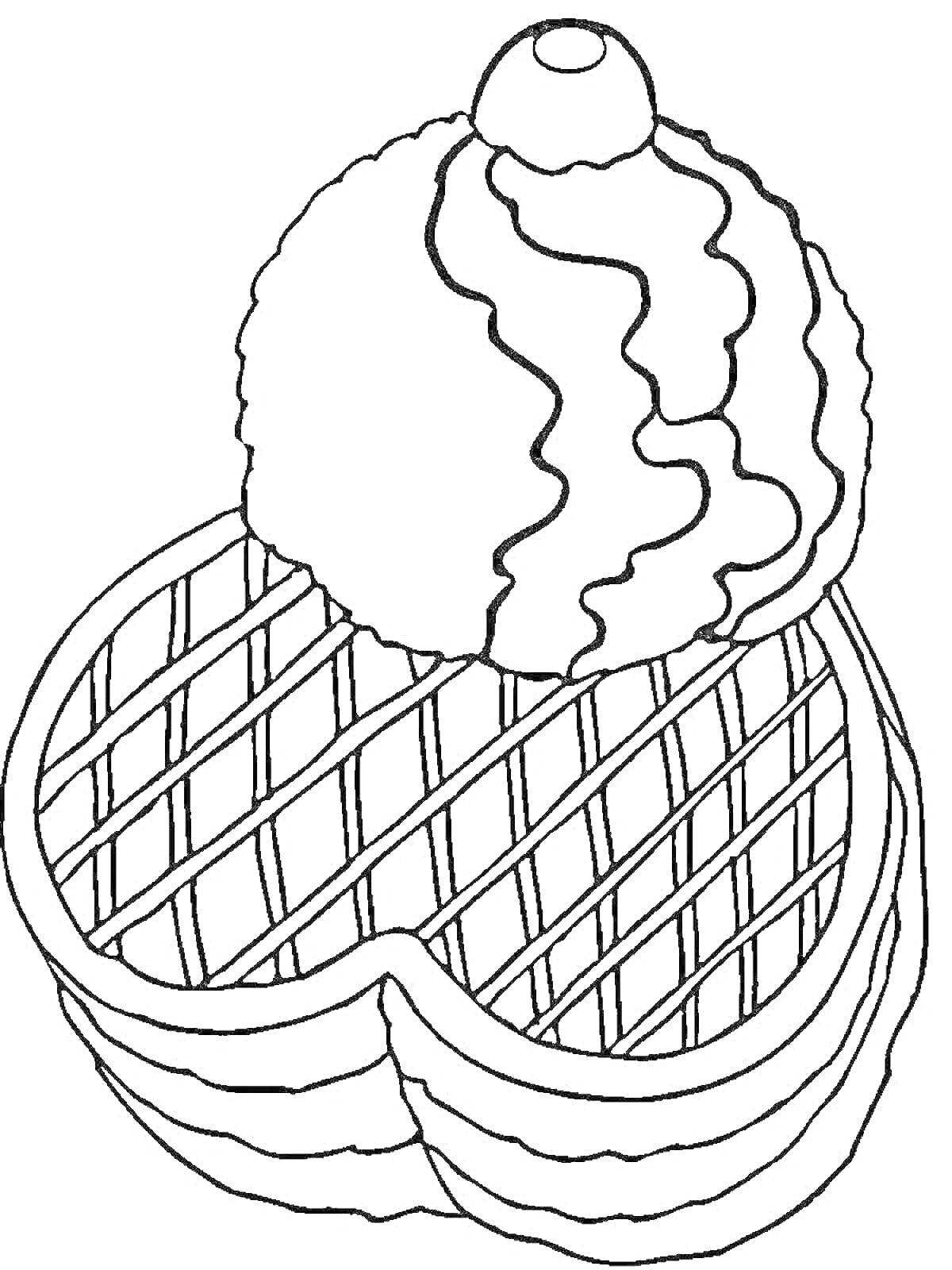 Раскраска вафли с шариком мороженого и вишней