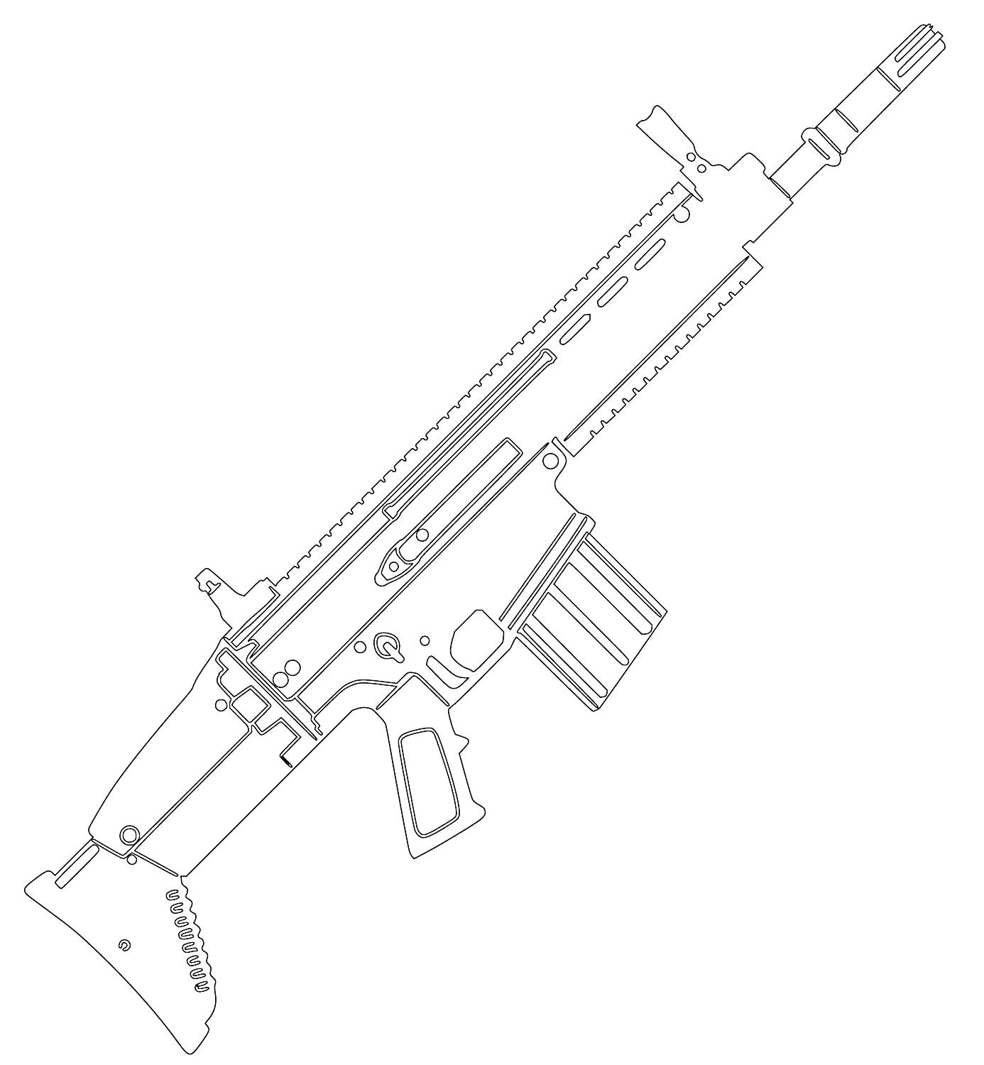 На раскраске изображено: Штурмовая винтовка, Оружие, Пистолет