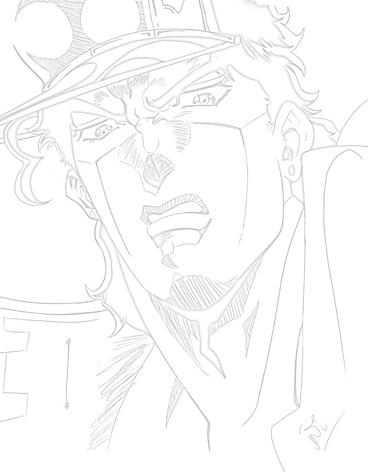 Раскраска Раскраска с Джотаро из аниме, крупный план его лица в шляпе, выражение лица грозное