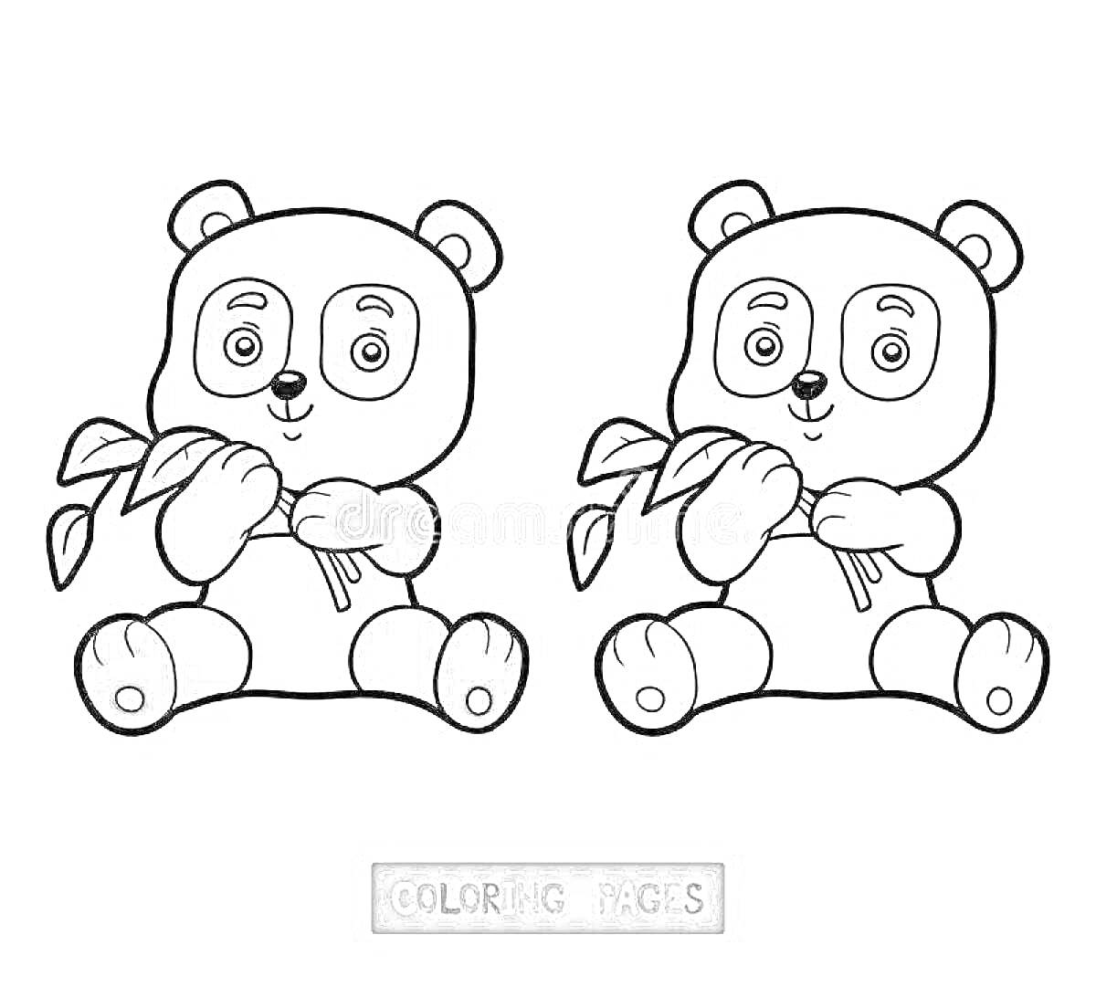 Раскраска Две панды сидят и держат ветки с листьями