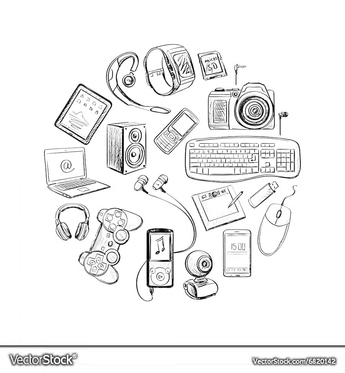 На раскраске изображено: Гаджеты, Планшет, Наушники, Фотоаппарат, Клавиатура, Компьютерная мышь, Телефон, Ноутбук, Колонки, Пульт, Игровой контроллер, Смартфон