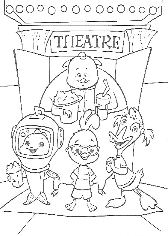 Раскраска Цыпленок Цыпа и его друзья перед театром с попкорном и напитками