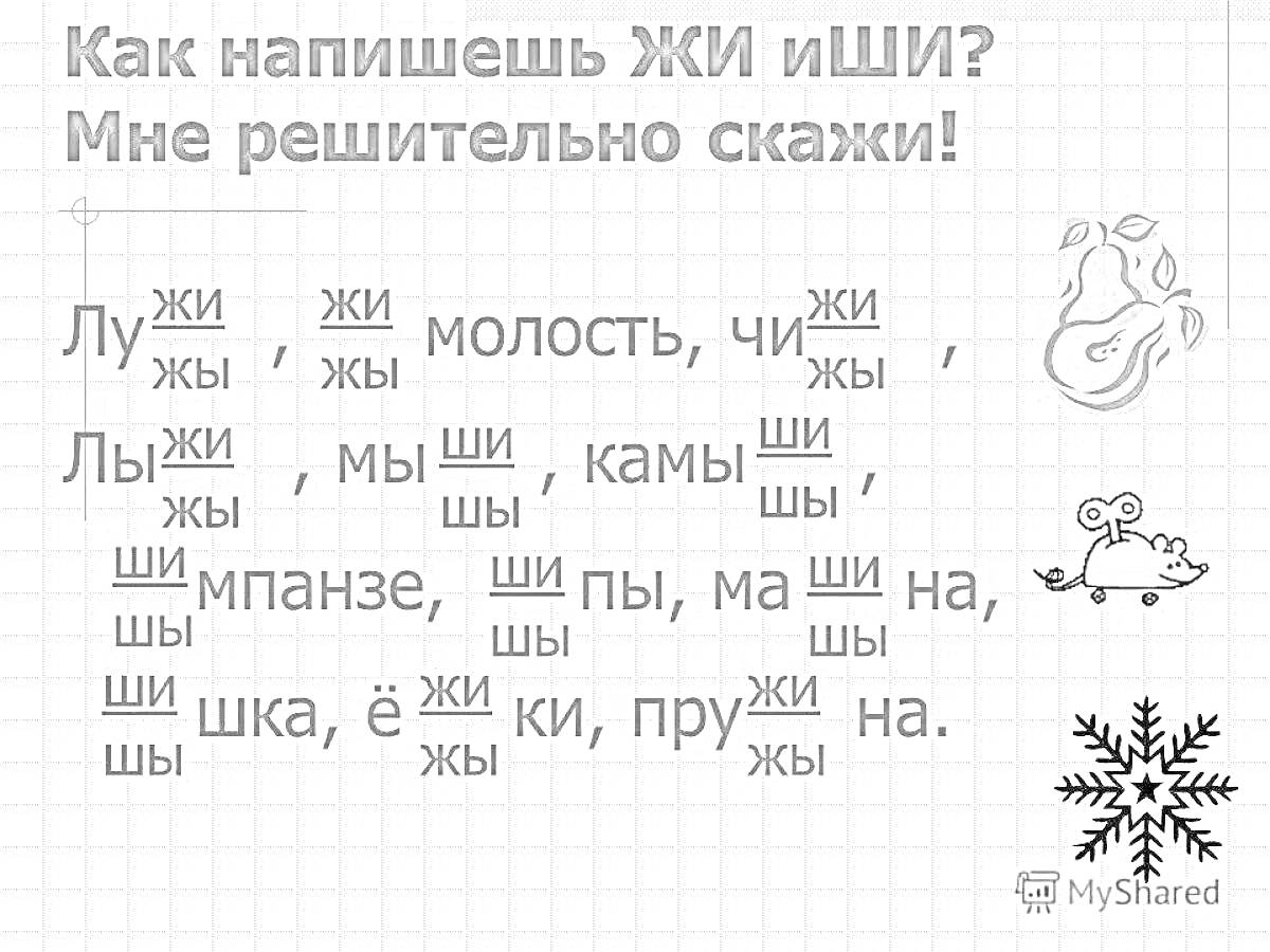 Раскраска Как напишешь ЖИ и ШИ? Мне решительно скажи! – разбираем слова с жи ши