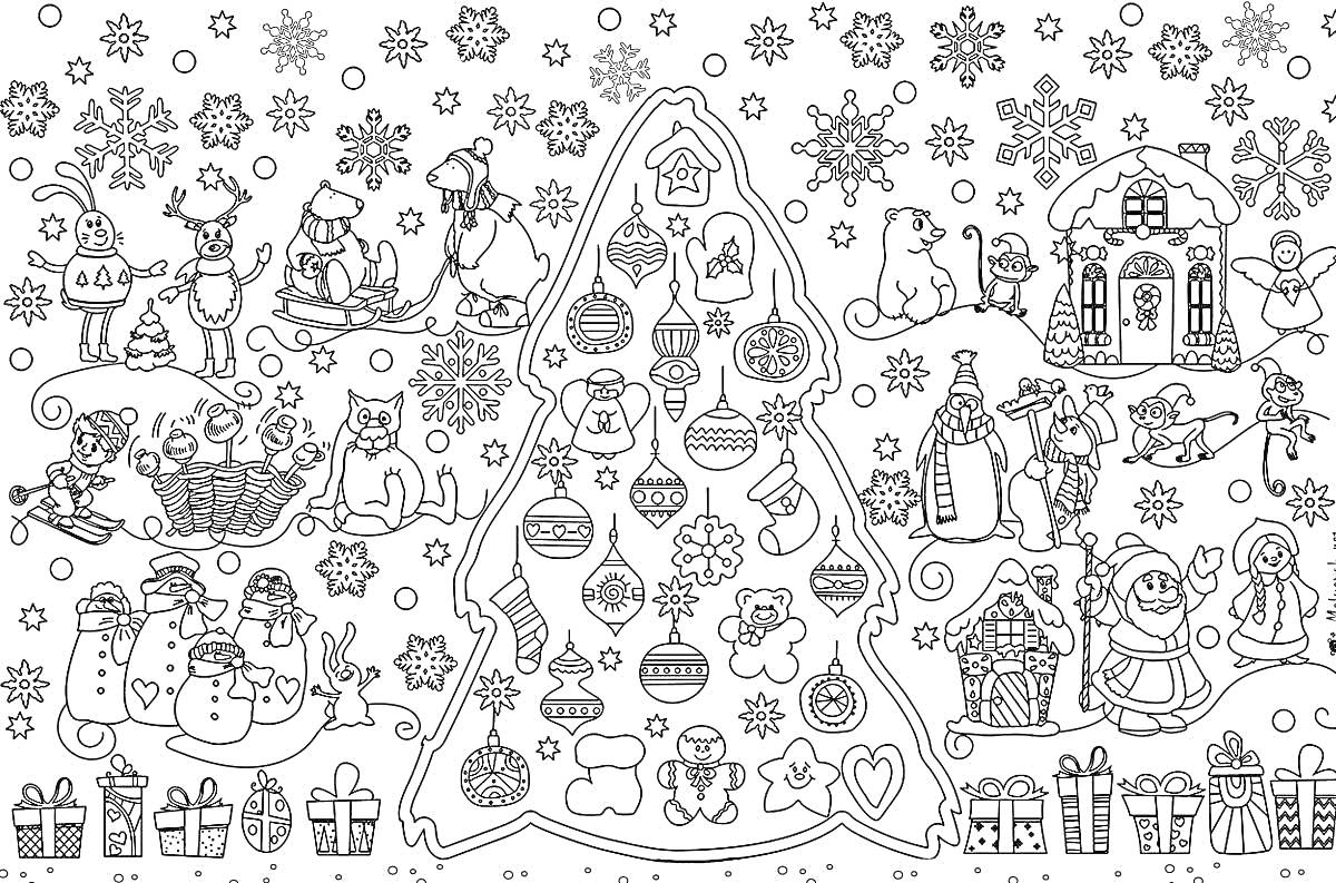Раскраска Новогодняя раскраска с елкой, подарками, снежинками, снеговиками, людьми в санях и на санках, котом, домиком, снегирями и новогодними шарами.