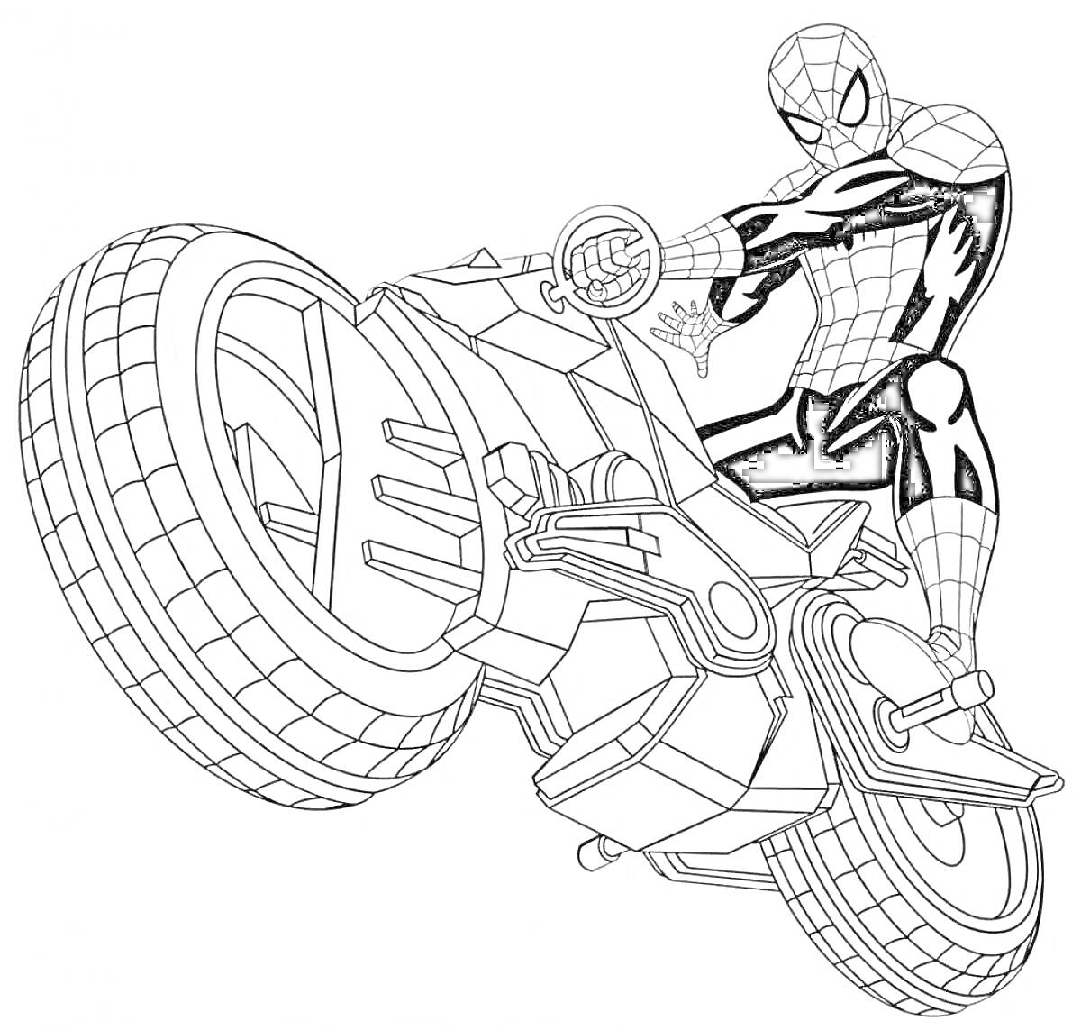 На раскраске изображено: Для детей, 5 лет, 6 лет, Мотоцикл, Паутина, Человек-Паук, Супергерои