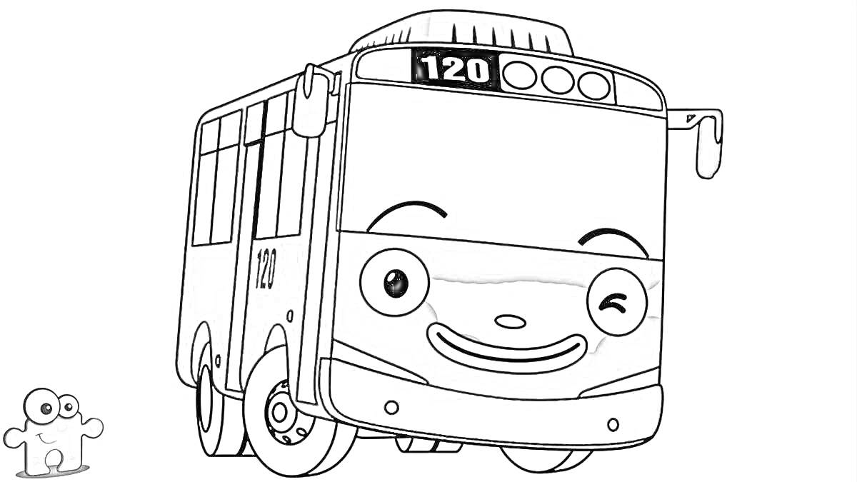 На раскраске изображено: Тайо, Автобус, Подмигивание, Номер 120, Маленький персонаж