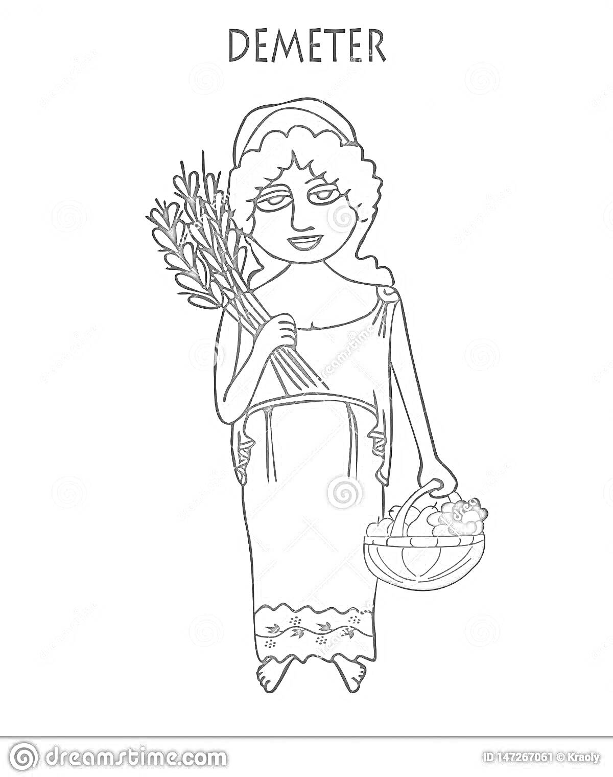 На раскраске изображено: Греческая богиня, Урожай, Пшеница, Фрукты, Корзина, Древняя одежда, Цветокоррекция, Мифические существа