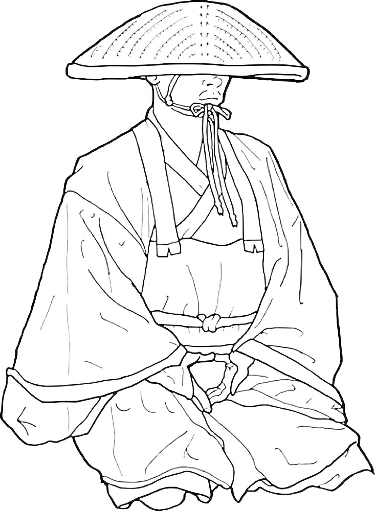 Традиционный японский монах в соломенной шляпе и длинном одеянии