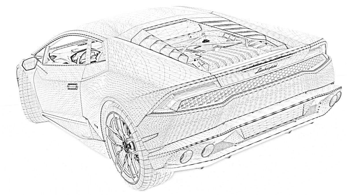 На раскраске изображено: Спортивный автомобиль, Lamborghini, Задние фары, Выхлопная система, Колесные диски