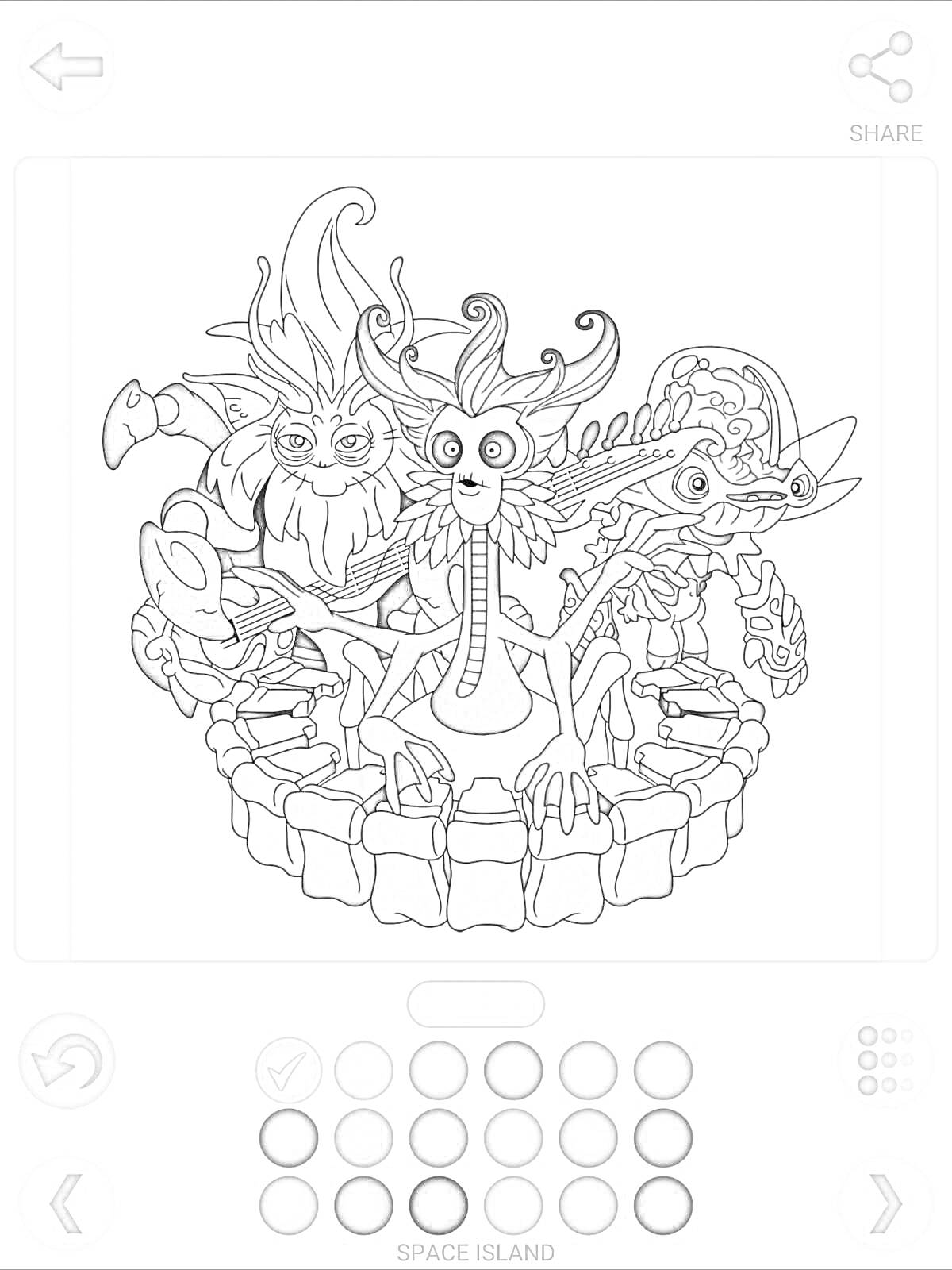 Раскраска Три монстра с разноцветными волосами и хвостами на острове с камнями и растениями