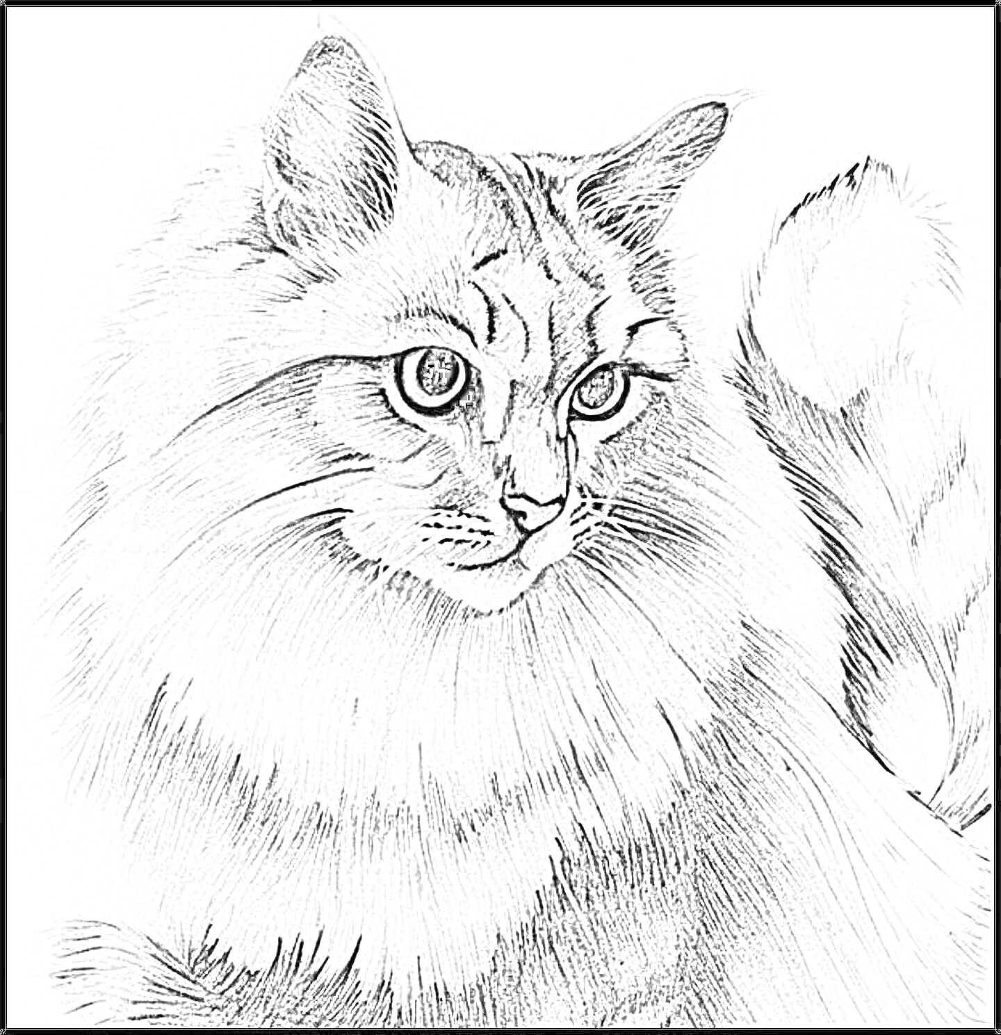 На раскраске изображено: Пушистый кот, Длинная шерсть, Пушистый хвост, Графика