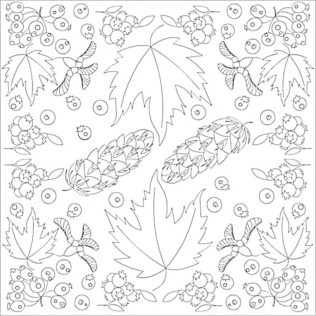 На раскраске изображено: Кленовые листья, Сосновые шишки, Осень, Листопад, Природа