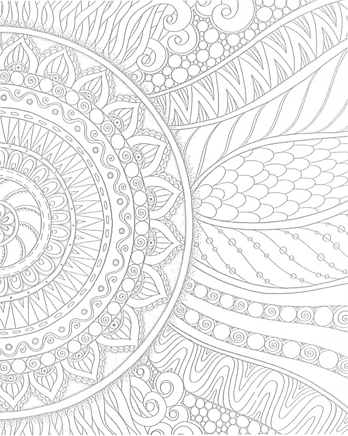Раскраска Зендудл с мандалой, рыбьей чешуей, спиралями, полосами, волнами и точками