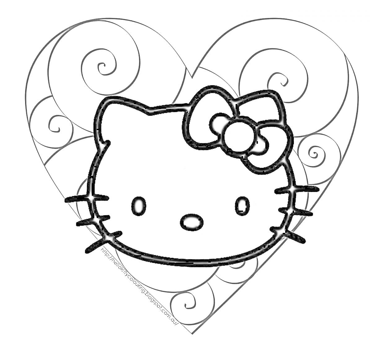 Раскраска Хеллоу Китти с бантом на фоне сердца с завитками